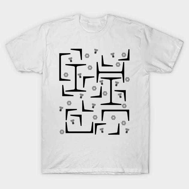 Nuts, Bolts, Angles and Gray Steel Beams Pattern T-Shirt by Barthol Graphics